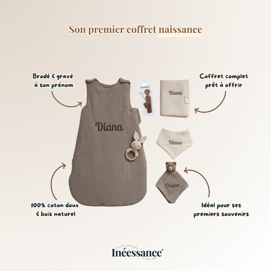 Coffret premium Mix and Match brodé et gravé au prénom de bébé