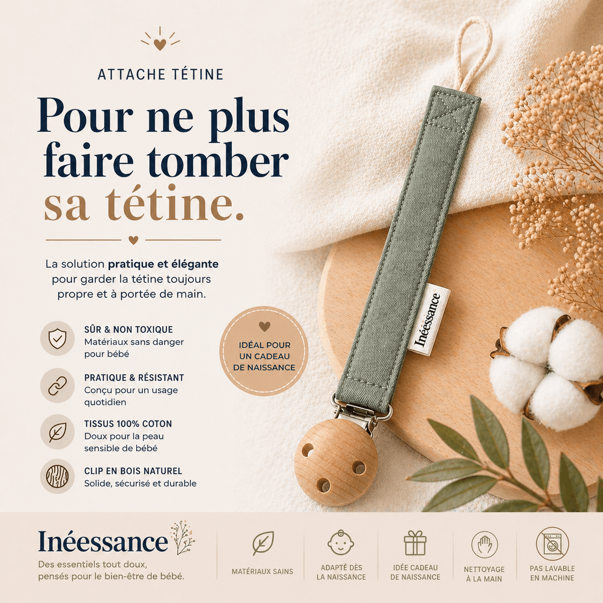 Attaches tétine assorties avec clip en bois naturel