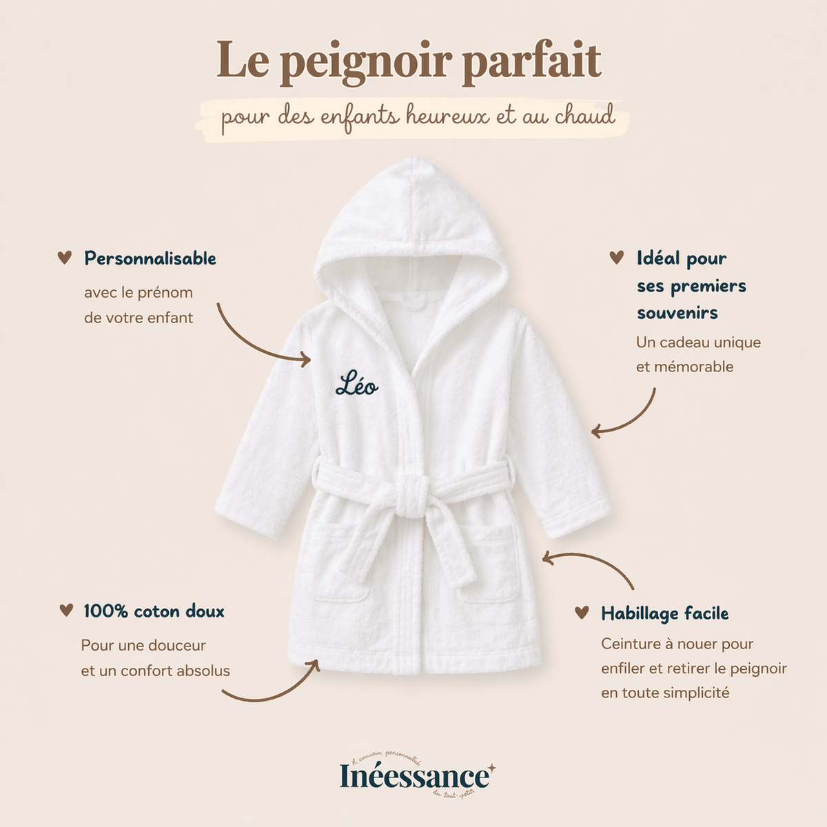 Peignoir enfant en coton doux, tailles 2 à 12 ans