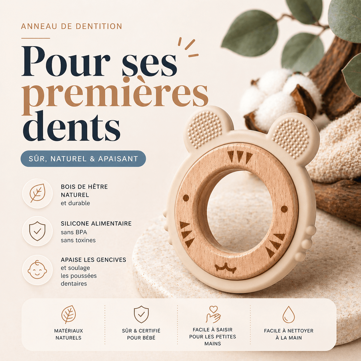 Anneau de dentition Tigre en bois de hêtre non traité