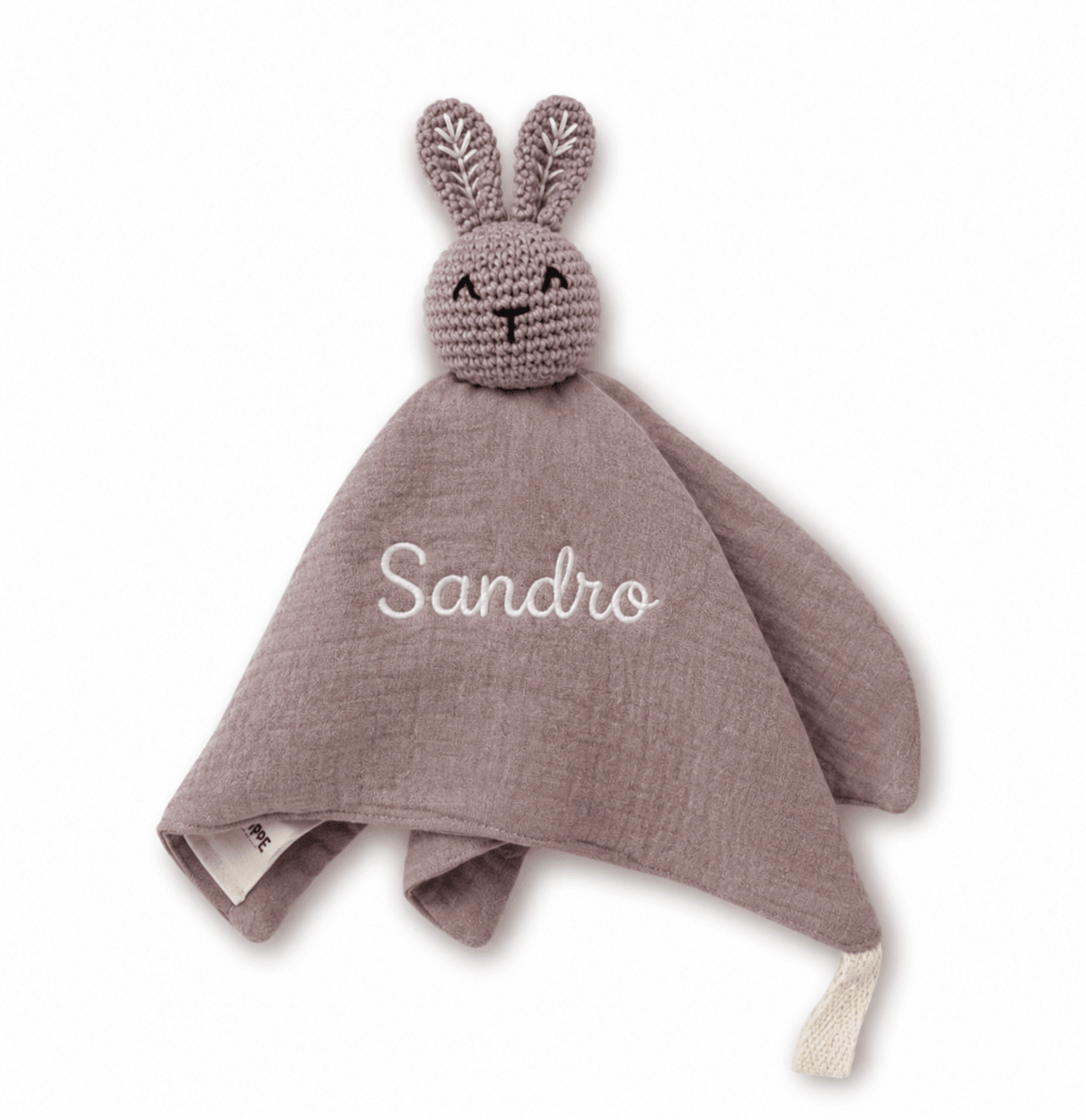 Doudou Complice lapin en gaze de coton et crochet, brodé au prénom