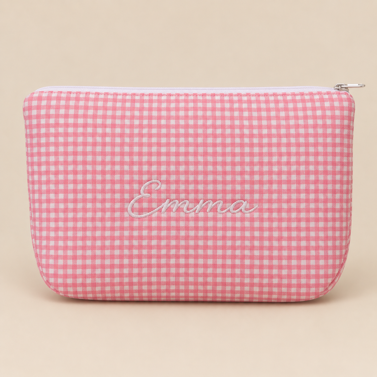 Trousse de toilette bébé en vichy rose brodée au prénom