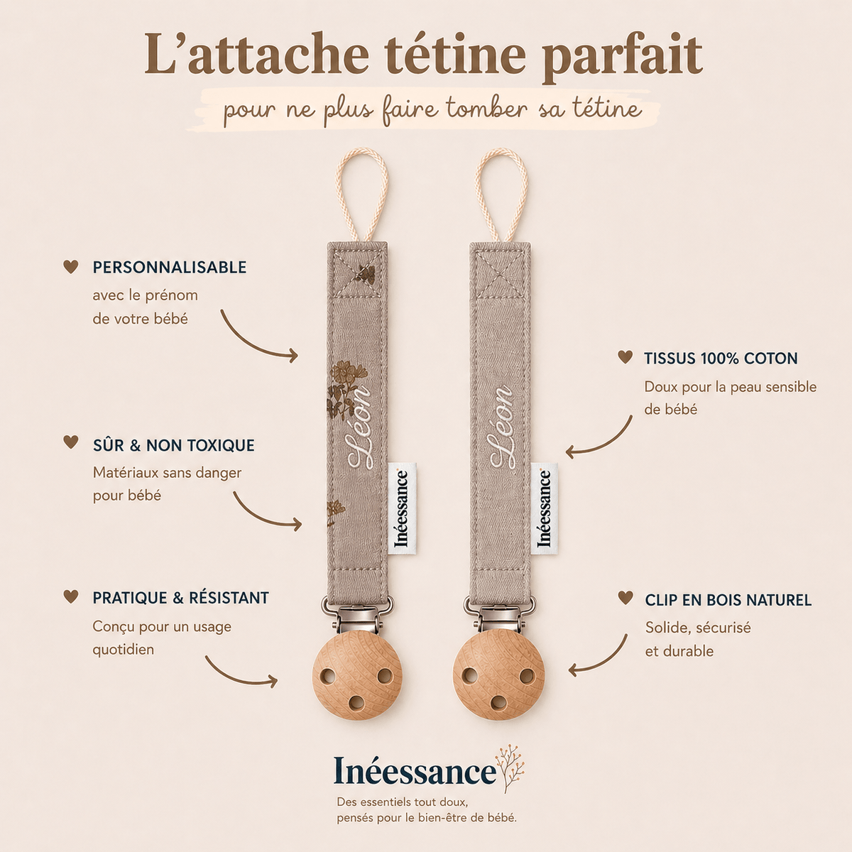 Lot de 2 attaches sucette brodées au prénom de bébé