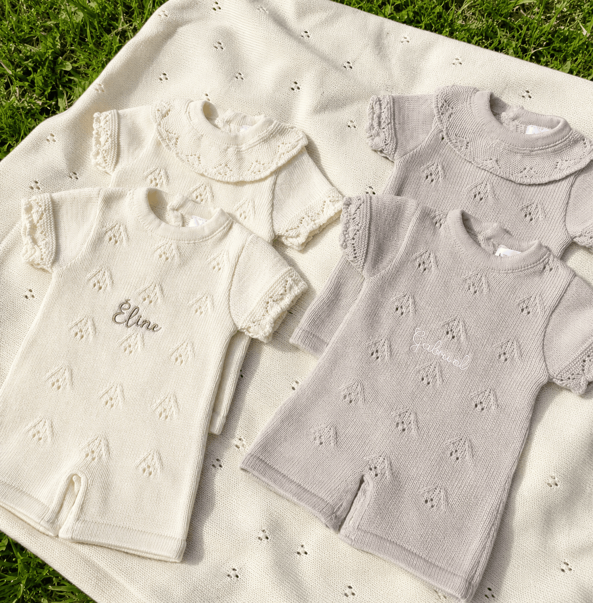Barboteuse en tricot 100 % coton brodée au prénom de bébé