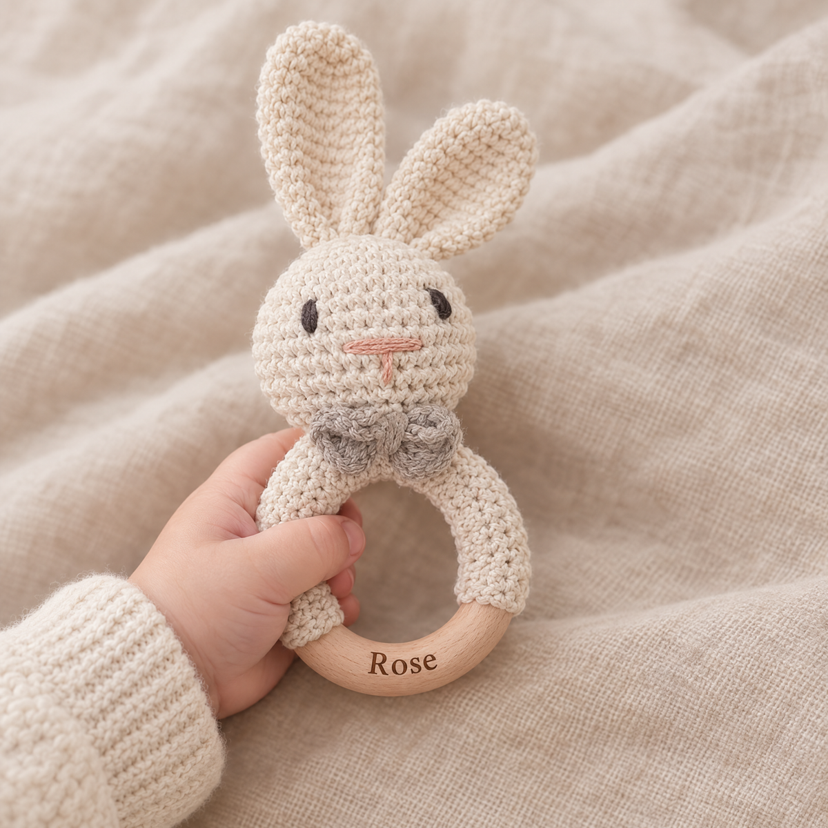 Hochet en crochet personnalisé lapin nez rose tenu par bébé, prénom gravé