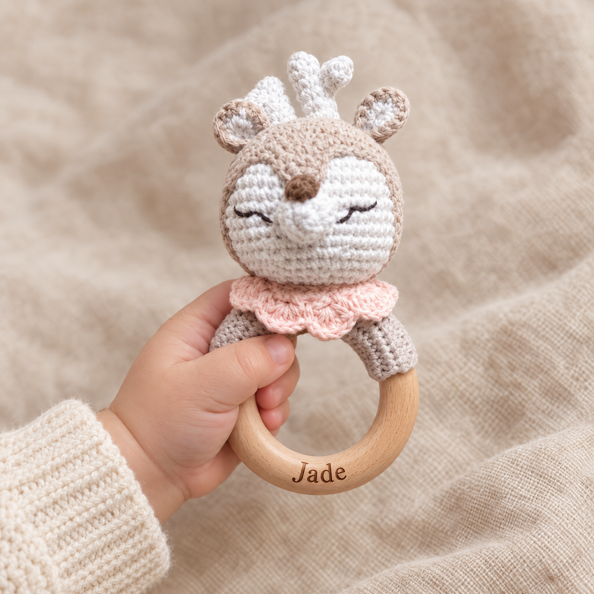 Hochet en crochet personnalisé faon collerette rose tenu par bébé, prénom gravé