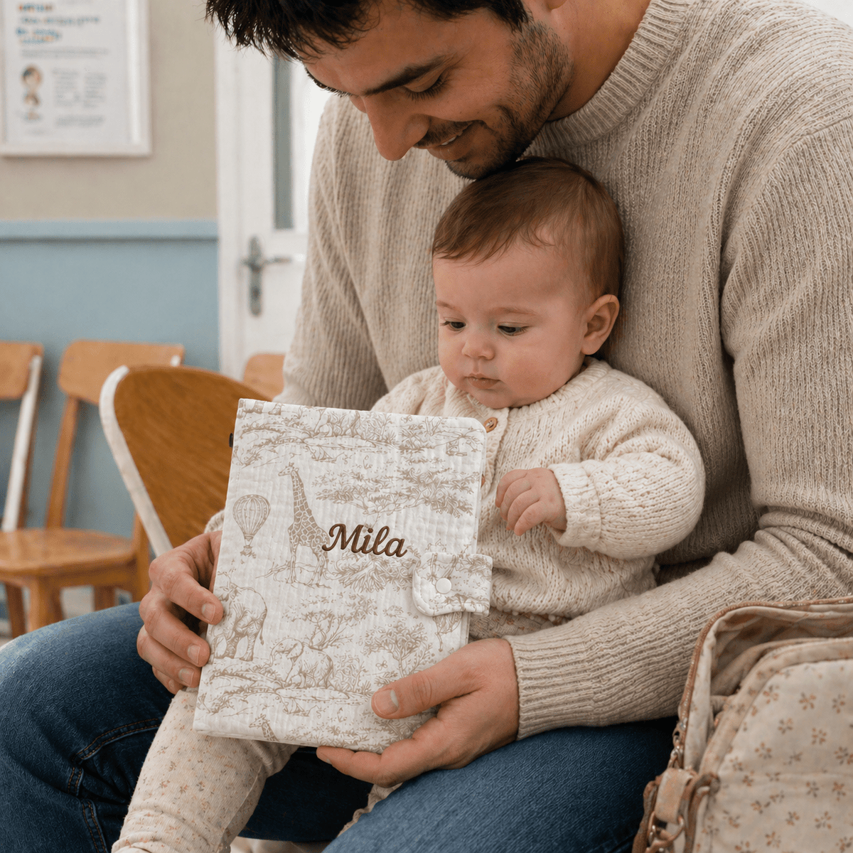 Protège carnet de santé en gaze de coton brodé au prénom