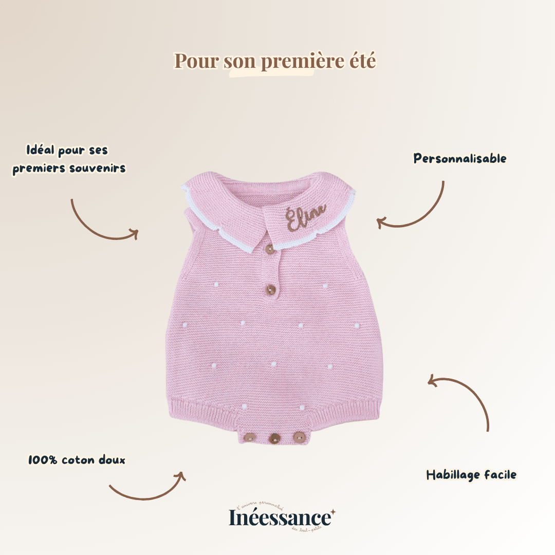 Détail du col Claudine de la barboteuse à pois