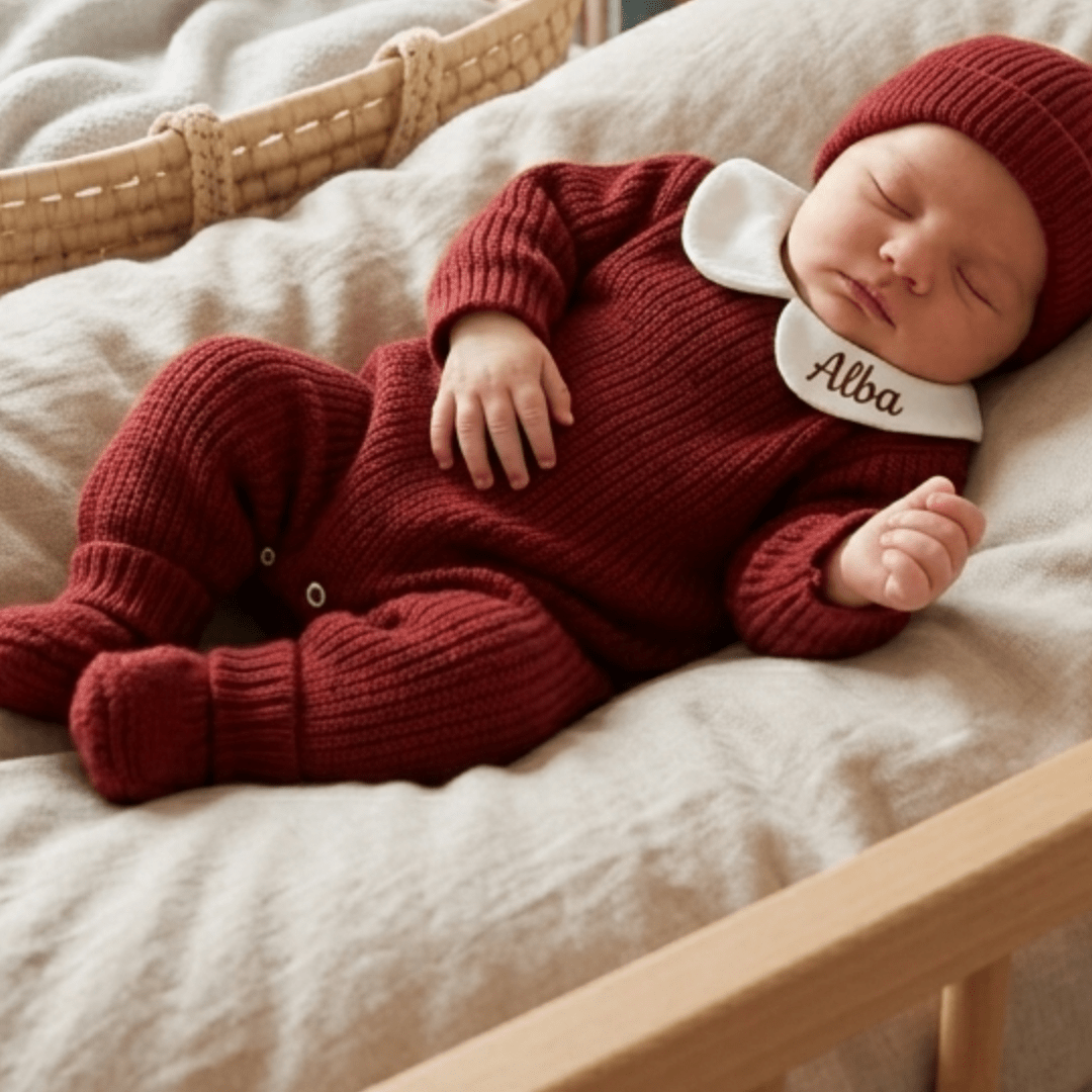 Tenue de naissance en maille avec bonnet et chaussons assortis