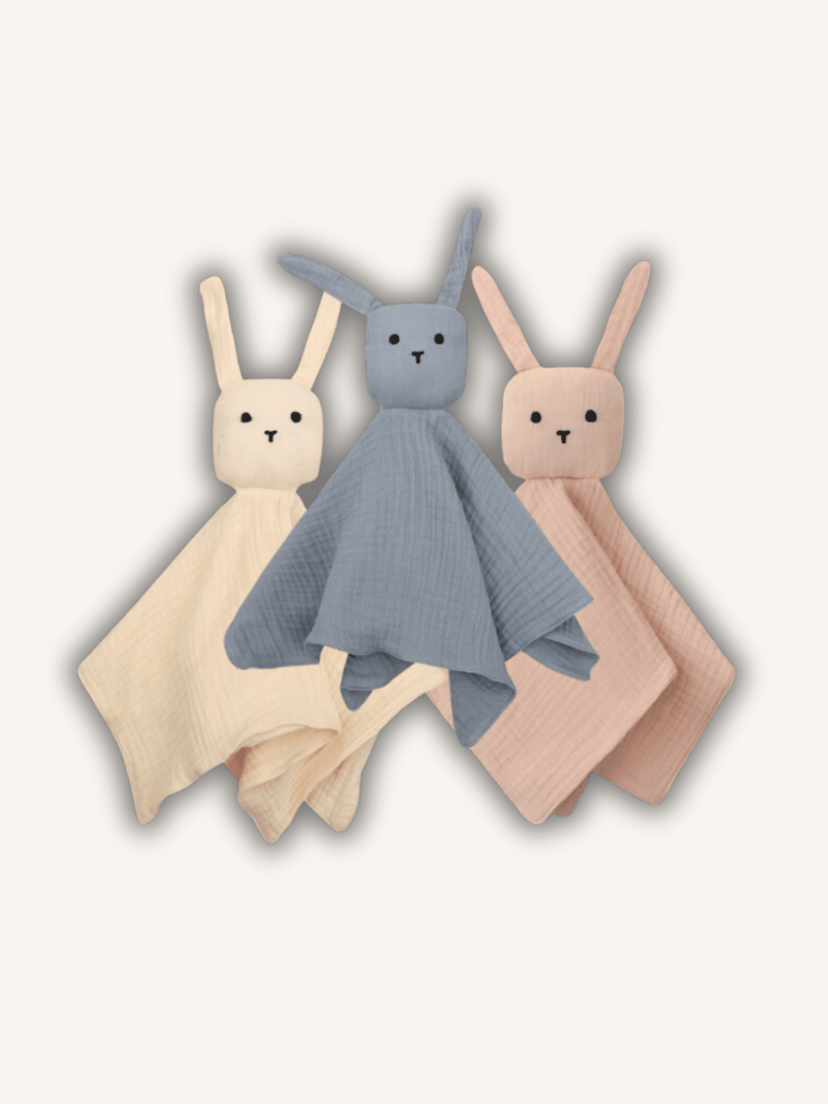 Doudous lapin bleu, rose et crème personnalisés