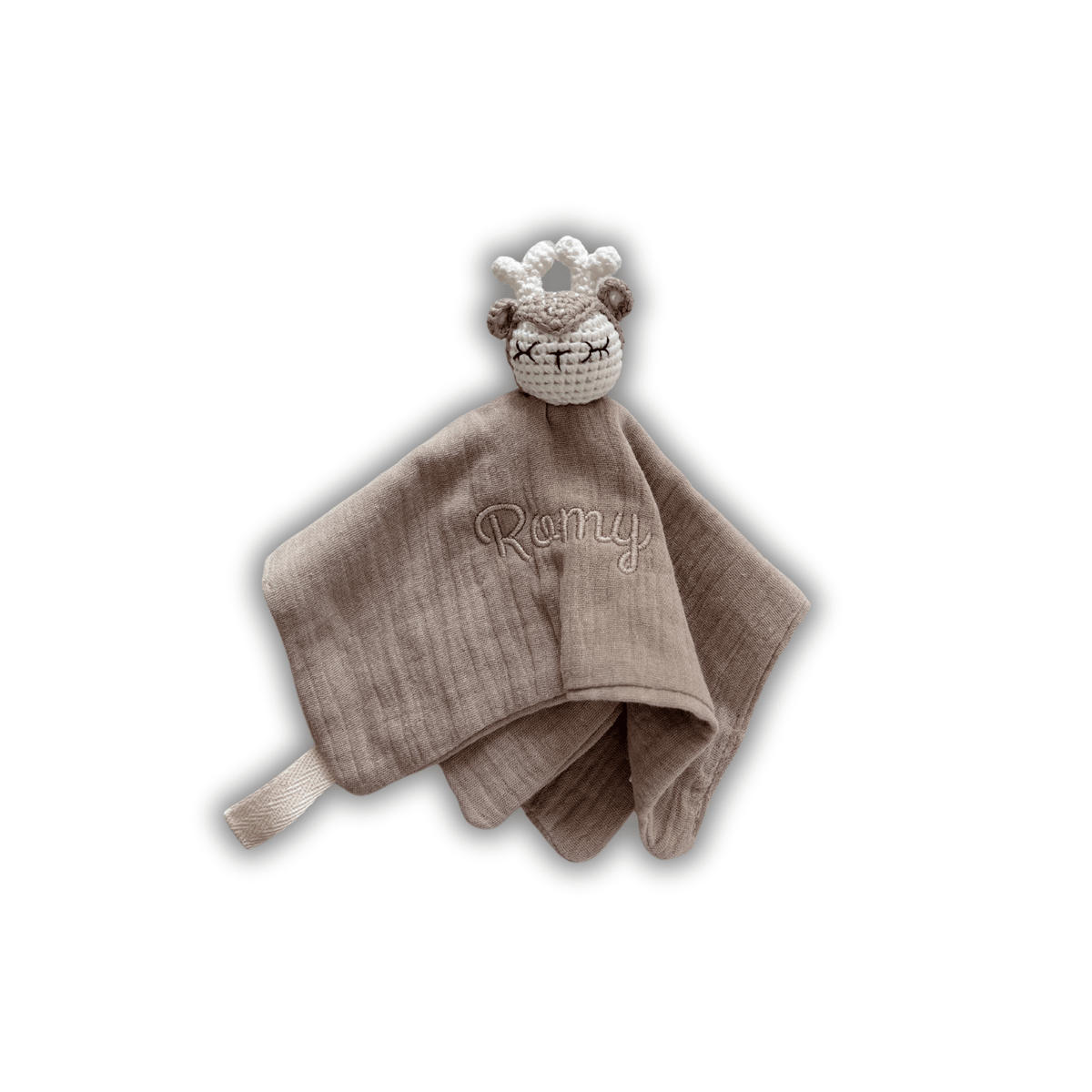 Doudou Complice faon en gaze de coton et crochet, brodé au prénom