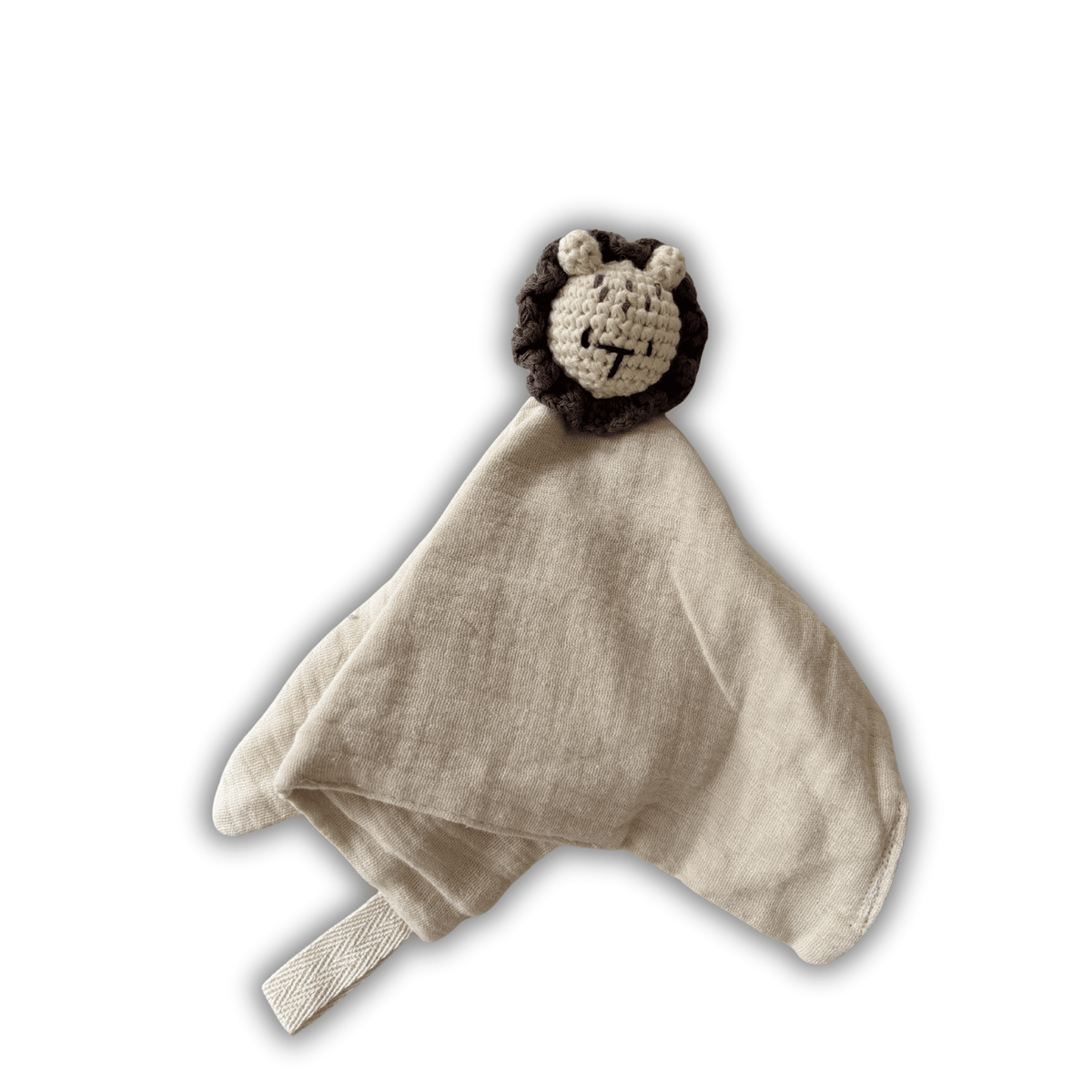 Doudou Complice lion en gaze de coton et crochet, brodé au prénom