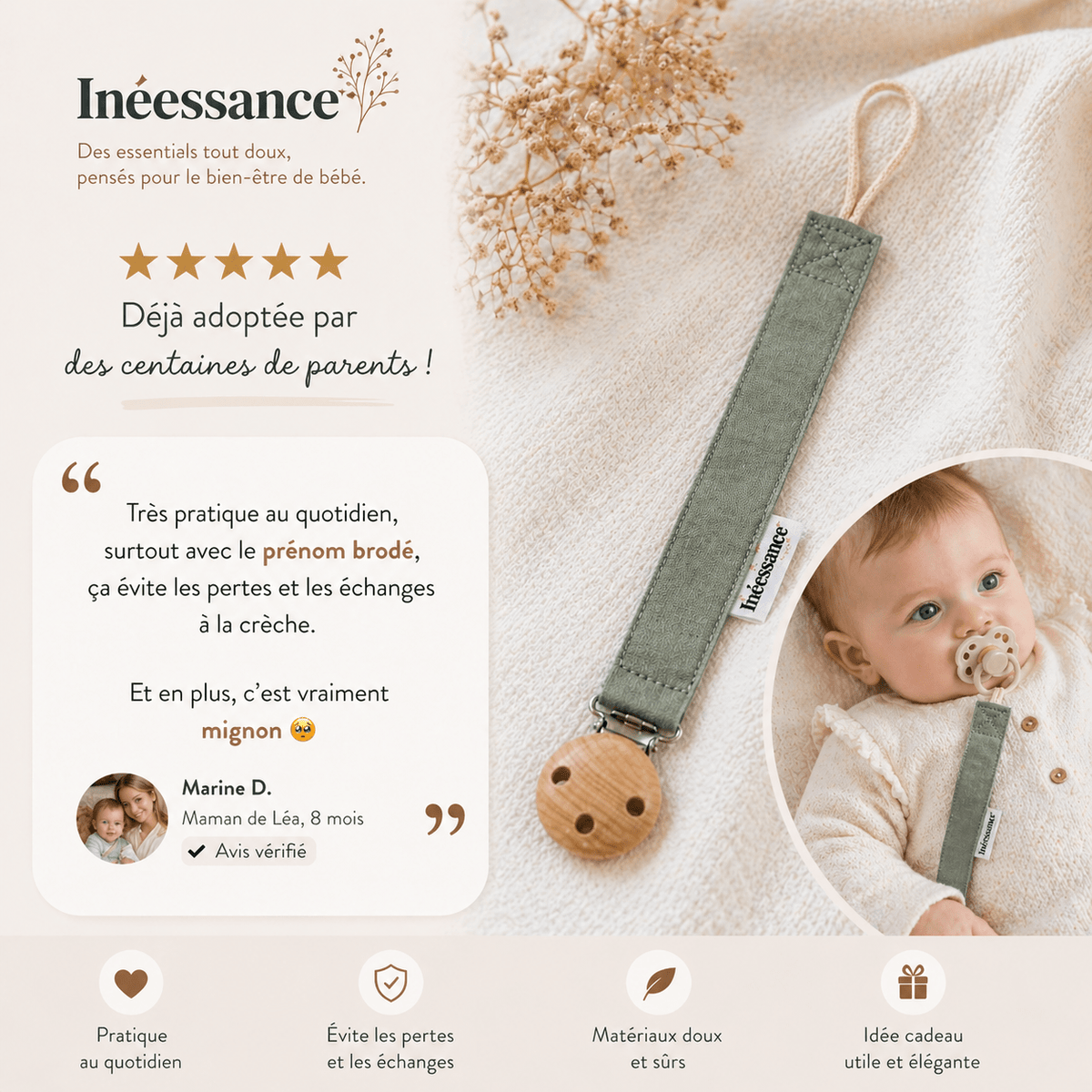 Lot de 2 attaches tétine, cadeau de naissance pratique