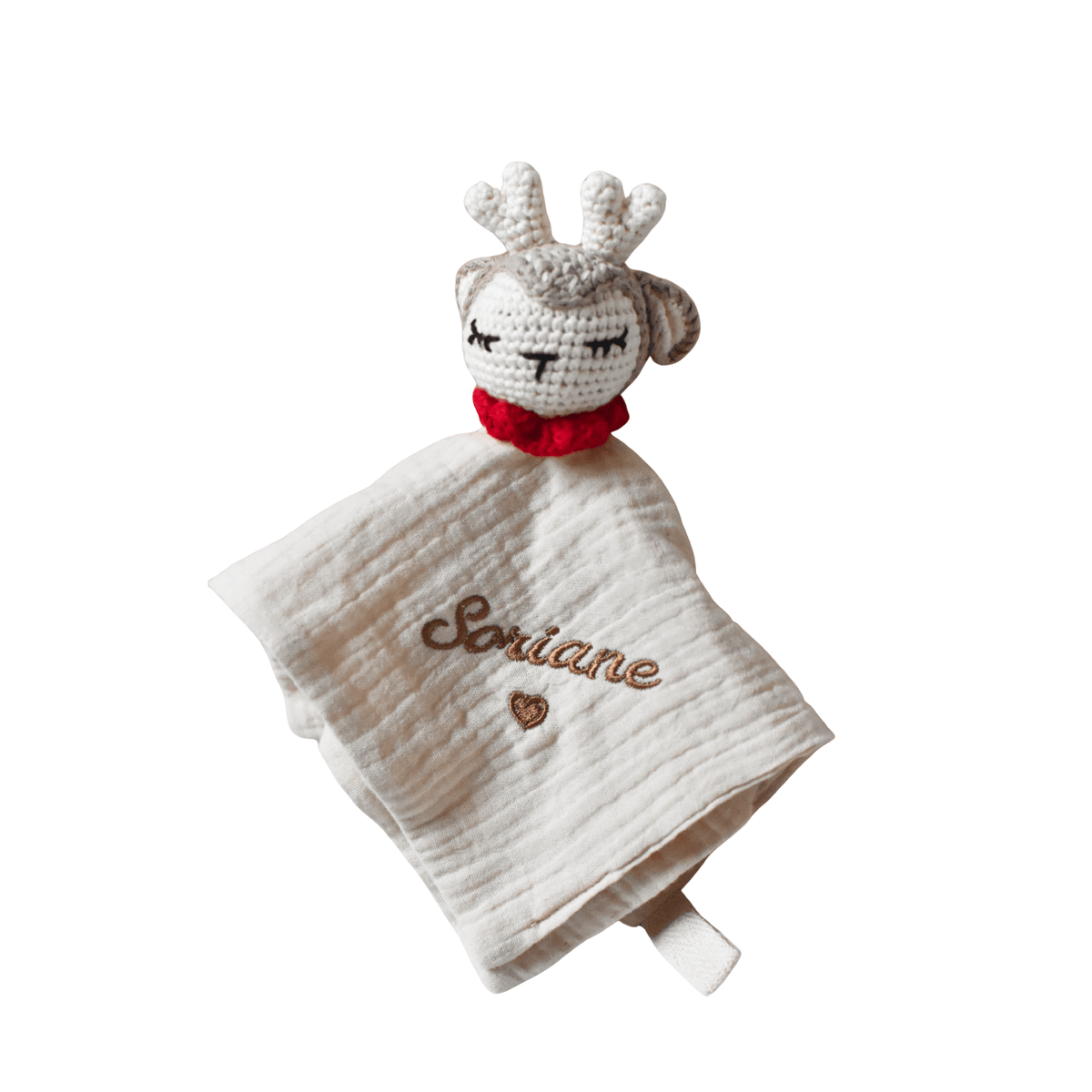 Doudou lange cerf de Noël en double gaze de coton personnalisé