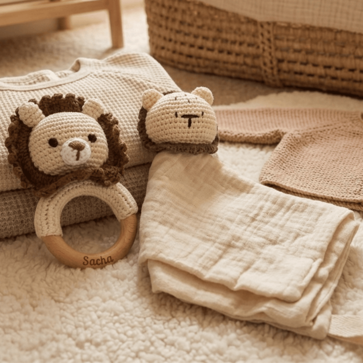 Lot Complice doudou et hochet assortis en coton et crochet