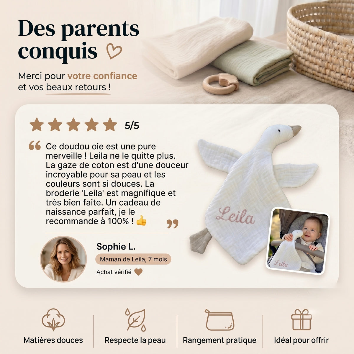 Doudou Oie plat Ineessance, cadeau de naissance