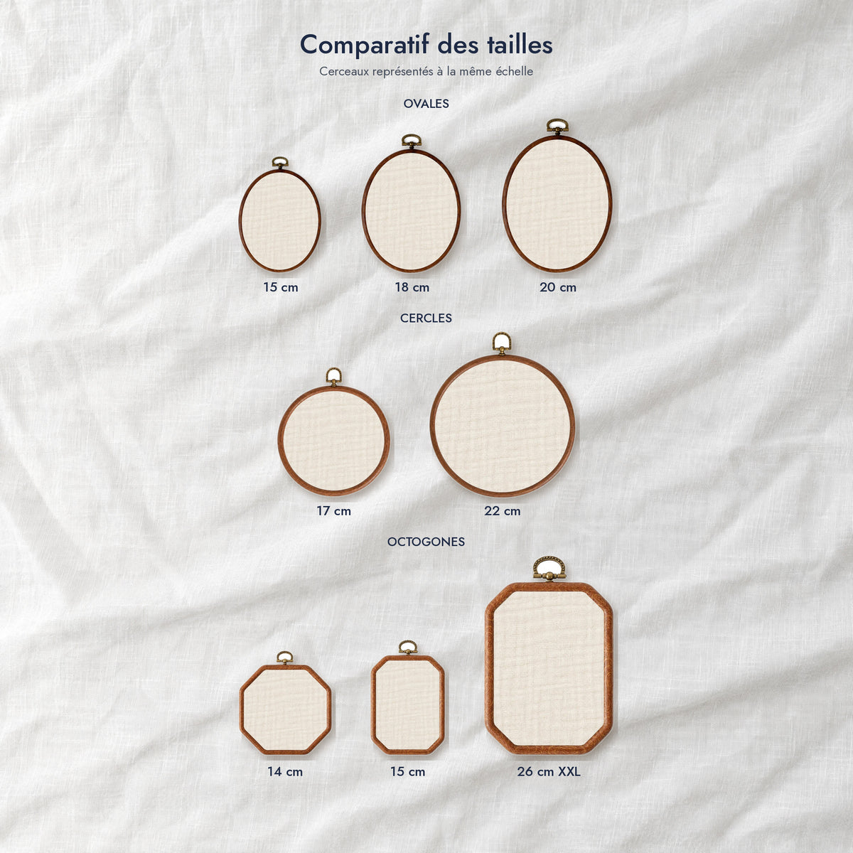 Comparatif des tailles de cerceaux de naissance Ineessance : ovale 15, 18 et 20 cm, cercle 17 et 22 cm, octogone 14, 15 et 26 cm