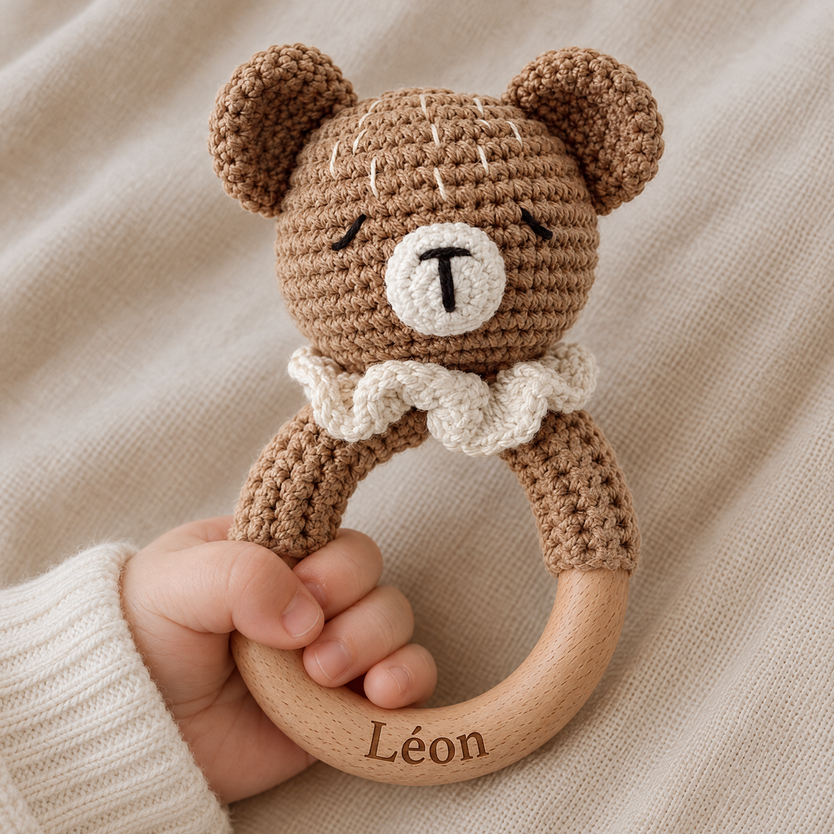 Hochet en crochet personnalisé ourson collerette