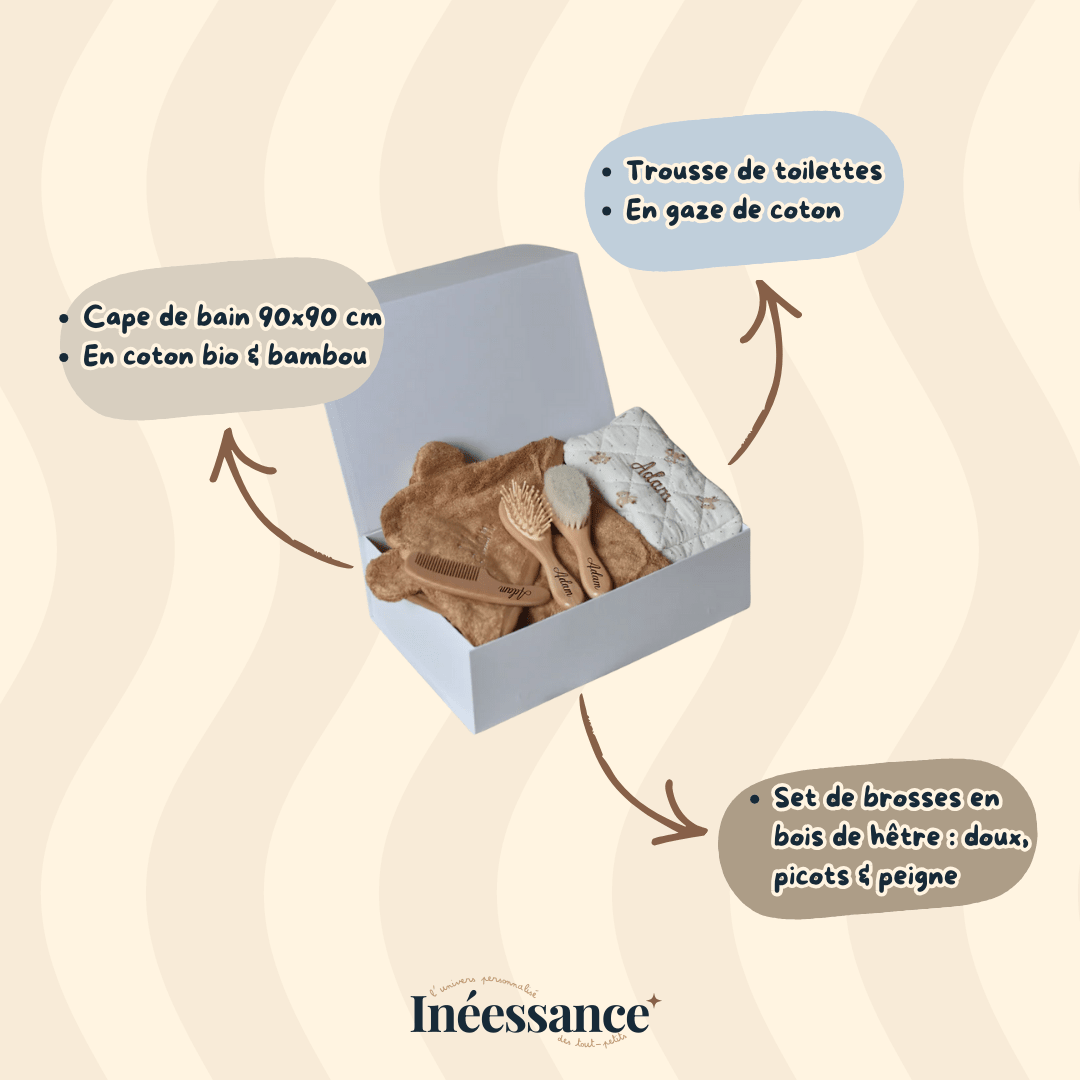 Coffret bain bébé personnalisé, gravure sur les brosses et broderie du prénom
