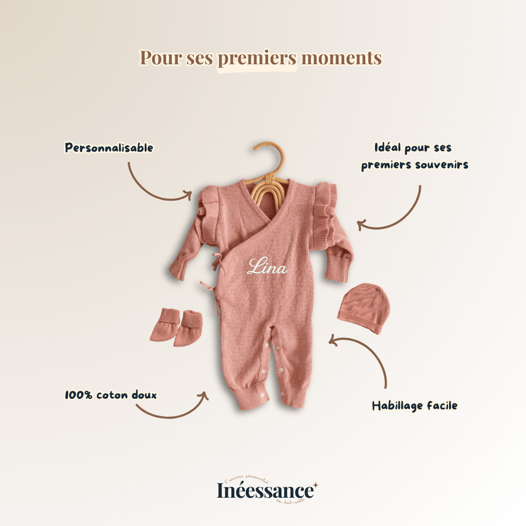 Combinaison de naissance personnalisable, coloris rose beige ou blanc