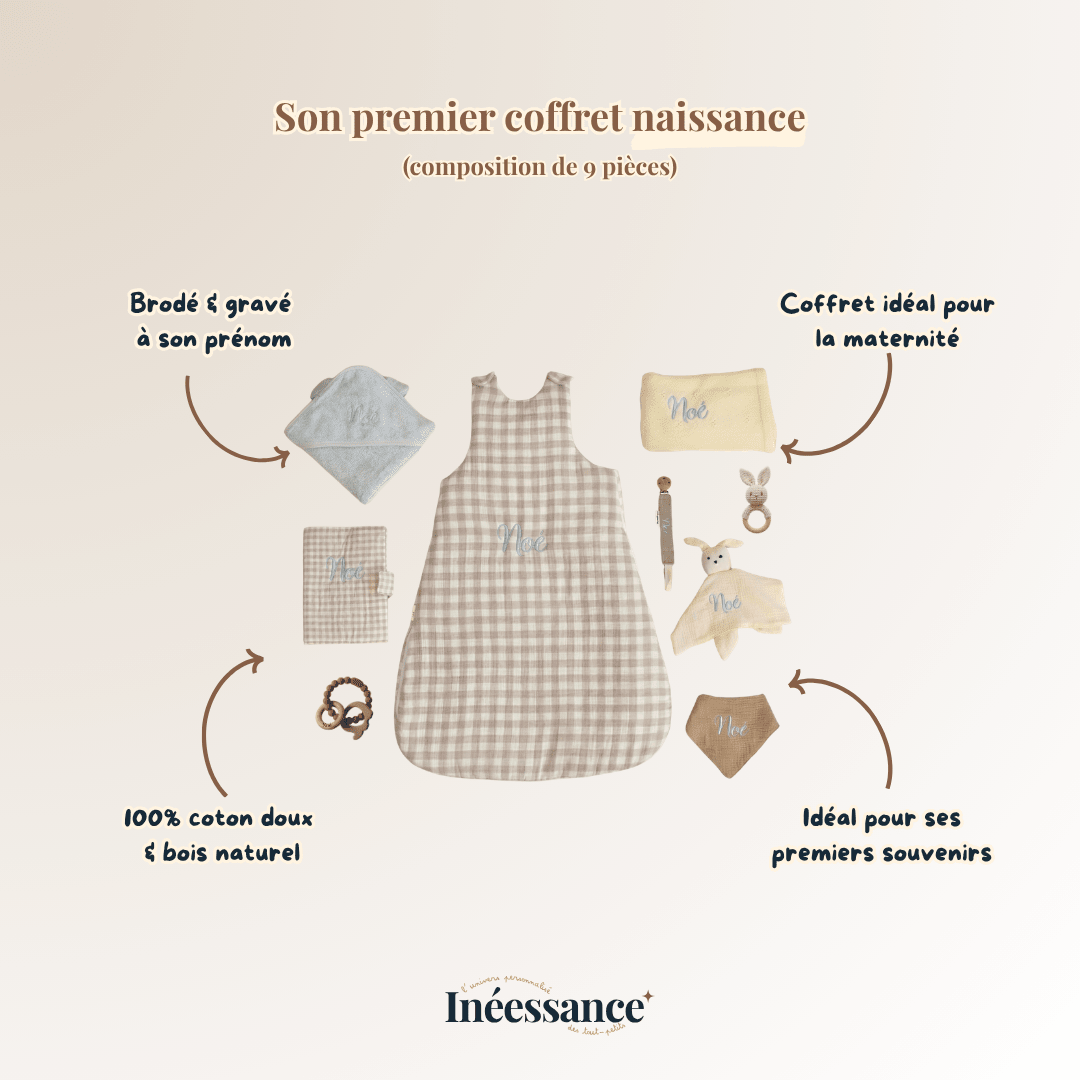 Coffret Naissance Complet Ineessance, cadeau de liste de naissance personnalisé